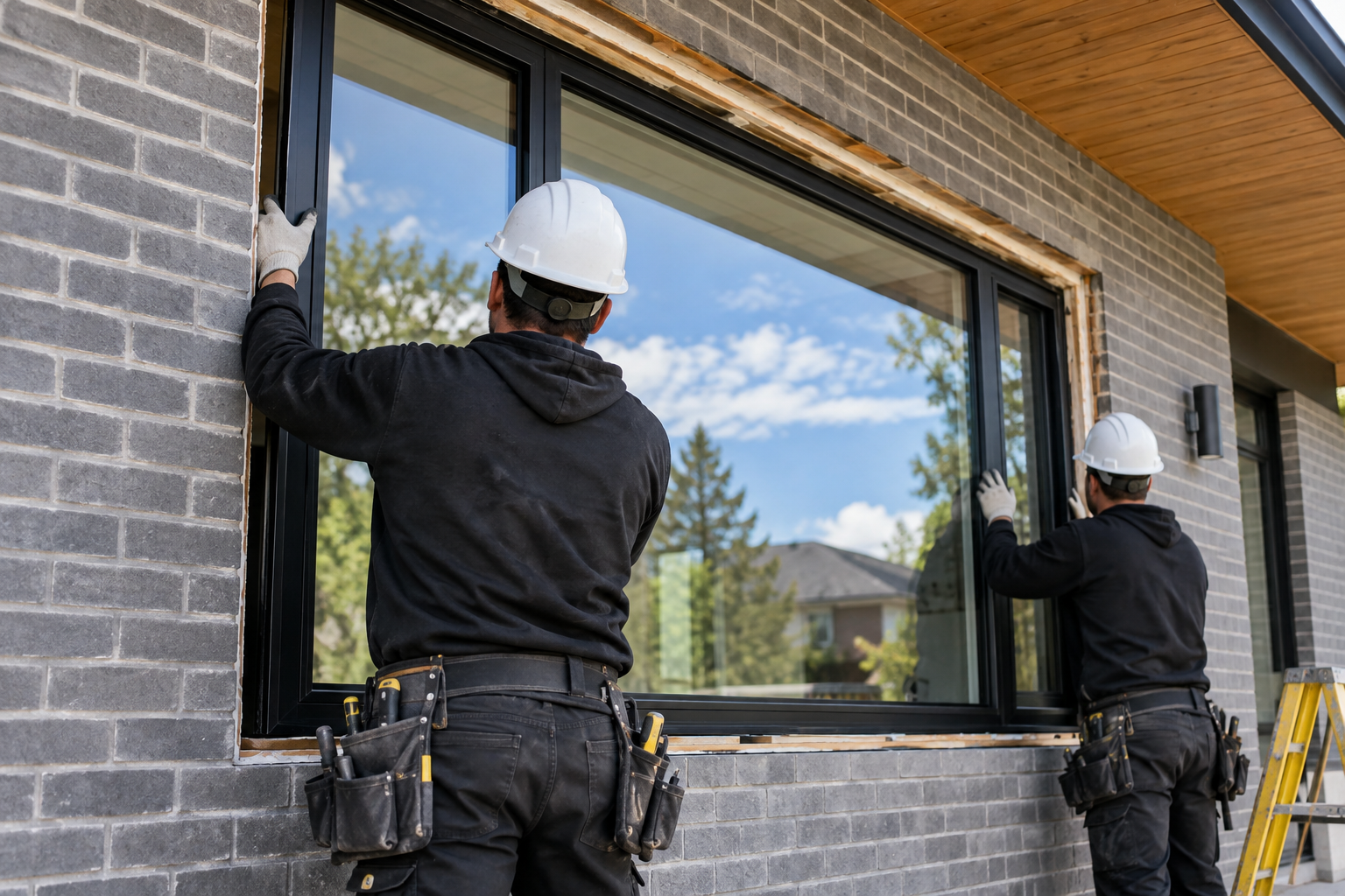Two professionals installing a large black-framed residential window